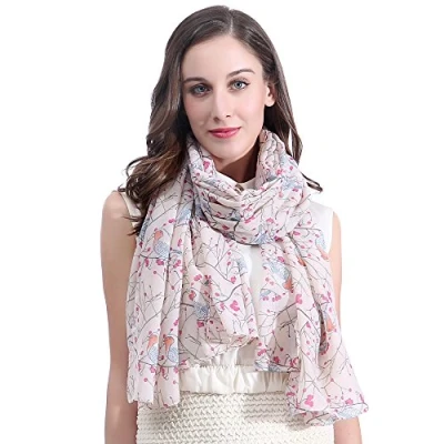 Image of Lina &amp; Lily Birds Print Women&#039;s Scarf Shawl Wrap Lightweight (Robin bird beige)