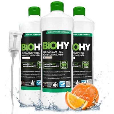 Image of BiOHY Cleaning Agent for Suction Wipers with Orange Scent (3 x 1l Bottle) + Dispenser 1:200 Concentrate All Wet Dry Vacuum Cleaners Ideal Tiles, PVC, parquet, Laminate &amp; Carpet