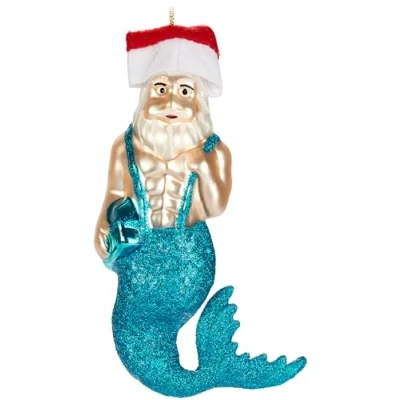 Image of BRUBAKER Mermaid Hand Painted Glass Christmas Bauble 5.5 inches (14 cm) Underwater Father with Six Pack Mouth Blown Tree Decoration Figure Funny Pendant