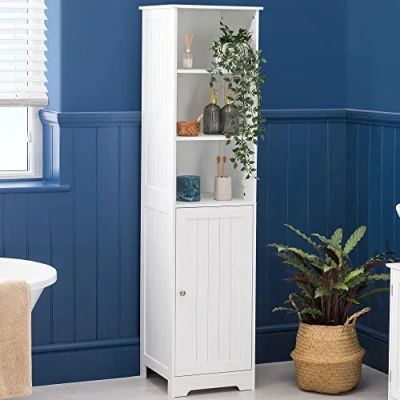 Image of CHRISTOW Tall Bathroom Cabinet, Wooden White Tallboy Unit, 3 Shelf Storage Cupboard
