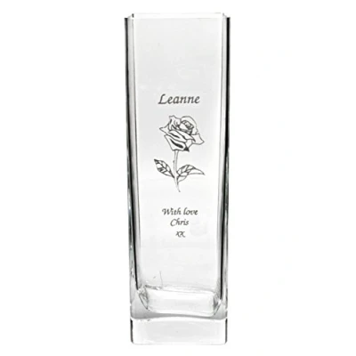 Image of Personalised 18cm Tall Glass Vase with Rose Design, Engraved Any Message Enter Your Own Custom Text