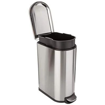 Image of Amazon Basics Rectangular Bin With Stainless Steel Bar Pedal, Soft Closing Mechanism For Home and Office Use, 40 Litre/10.5 Gallon, Silver