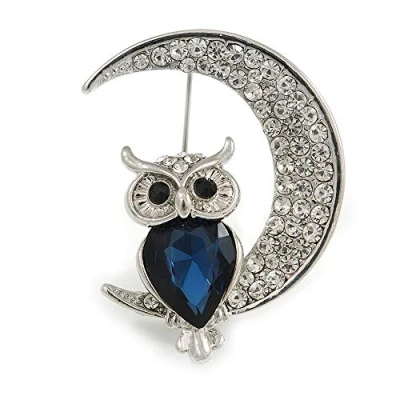 Image of Avalaya Blue/Clear Crystal Owl On The Moon Brooch in Silver Tone Metal 35mm Tall