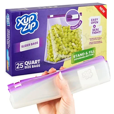 Image of Premium Food Storage Freezer Bags by XupZip™ Stand Up Smart Zip Slider, Reusable, Heavy Duty Plastic Airtight and Leakproof Seal BPA Free… (Quart 1L)
