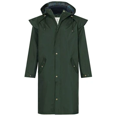 Image of LightHouse Stockman Mens Full Length Raincoat, Waterproof Windproof Long Rain Coat with Detachable Hood and Protective Cape (Duffel, L)
