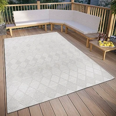 Image of ELLE Decoration Pitu Indoor &amp; Outdoor Rug Macrame Boho Ethnic Pattern Flat Weave Weatherproof for Living Room, Hallway, Balcony, Patio, Garden Cream, 77 x 150 cm