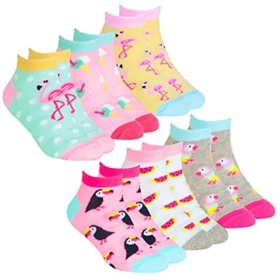 Image of Metzuyan 6 Pairs Kids Girls Novelty Trainer Liner Socks Cotton Rich Low Cut 2 Pack Flamingo 8.5