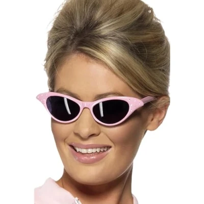 Image of Smiffys Flyaway Style Rock &amp; Roll Sunglasses, Pink with Diamante, 1950&#039;s Rock&#039;n&#039;Rolla Fancy Dress, Adult Dress Up Accessories