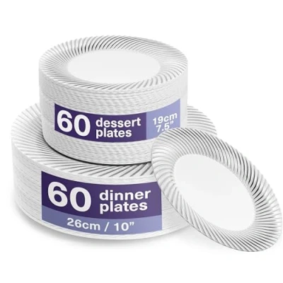 Image of MATANA 120 Premium White Plastic Plates with Silver Rim 60 25cm Dinner Plates, 18cm Dessert Elegant &amp; Reusable Party for Weddings, Birthdays, BBQ, Christmas, Parties