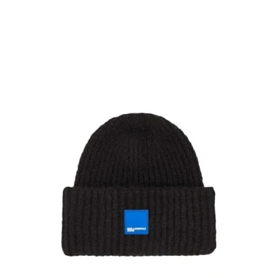 Image of KARL LAGERFELD JEANS, Womens, Furry Logo Beanie, Black, ONE Size