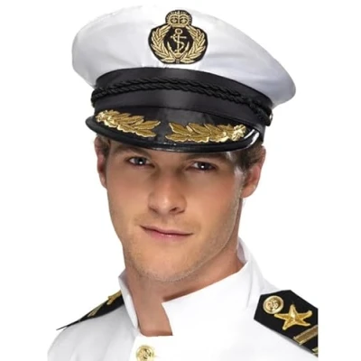 Image of jokeshop Captain Sailor White Hat Adult Costume Ship Boat Admiral Navy Cap Unisex Mens Women&#039;s