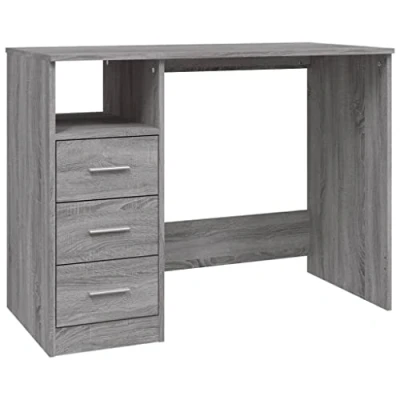 Image of vidaXL Grey Sonoma Engineered Wood Desk with Drawers Modern Standing Writing Ample Storage Compartment Ideal for Small Office Spaces, Dorm Rooms
