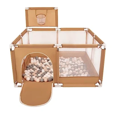 Image of Selonis Square Play Pen Filed with 200 Balls Basketball, Beige:Pastel Beige/Grey/White