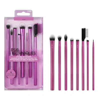 Image of Real Techniques Everyday Eye Essentials Makeup Brush Set, Brushes for Liner, Eyeshadow, Brows, and Lashes, Travel, Friendly, Synthetic Bristles, Cruelty Free Vegan, 8 Piece Set