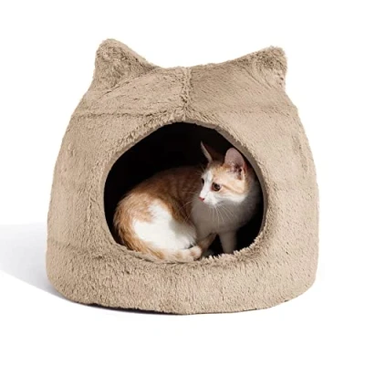 Image of Best Friends by Sheri Meow Hut in Fur Cover Dome Cat and Dog Bed, Ivory, Small
