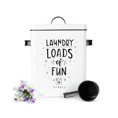 Image of Sendez Washing Powder Container 6L Metal Tin with Lid and Scoop Detergent Box Storage White