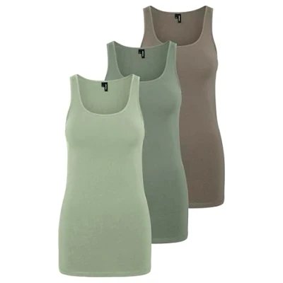 Image of VERO MODA Women&#039;s VMMAXI My Soft Long Tank Top GA, Pack of 3 (Sea Spray, Reseda, Walnut), M