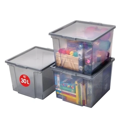 Image of Iris Ohyama Versatile Storage Boxes, 30L, Set of 3, Grey, Easy Latch, Stackable, Transparent Plastic, For Closet, Shelves, Garage, Organisation, Clothes, Blankets, Garage Supplies, USB M