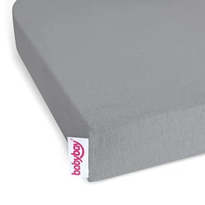 Image of babybay Jersey Fitted Sheet Deluxe Double Pack Fits Maxi, Midi, Boxspring, Comfort and Plus Models, Grey, 89 x 50 cm (Twin Pack)