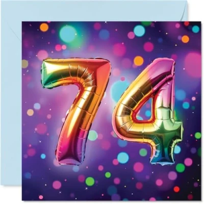 Image of 74th Birthday Cards for Men Women Rainbow Foil Balloon Happy Card 74 Year Old Man Woman Dad Nanny Wife Brother, 145mm Bday Greeting