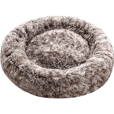 Image of Comlax Calming Donut Dog Beds XL, Round Cushion with Removable Washable Cover, Anti Anxiety Faux Fur Cuddler, Fluffy Comfy Furry Pet Bed (80cm, Brown)