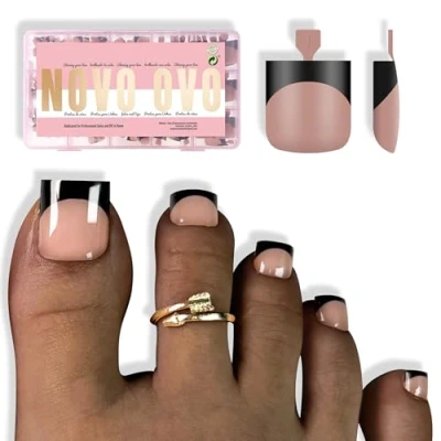 Image of NOVO OVO Halloween Black French Tip Toe Nail Tips Press on,BROWN PINK Sharp Square Pre Designed Soft Gel False Toenail Extension,Medium Wide Fake Toenails, Full Cover Acrylic for DIY 15 Sizes 240 pcs