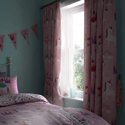 Image of Happy Linen Company Girls Boys Kids Unicorns Princess Rainbows Pink 66&quot; x 54&quot; Ring Track Pole Fully Lined Thermal Blackout Pencil Pleat Curtain Set