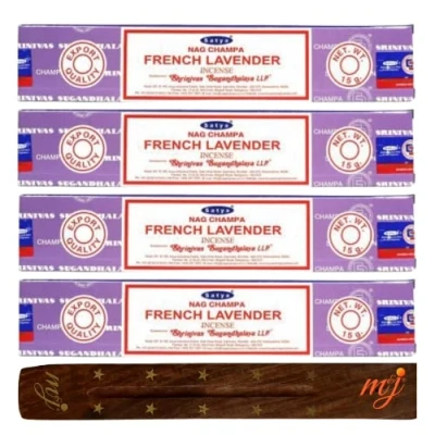 Image of M &amp; J Original Satya Nag Champa French Lavender incense sticks with M&amp;J holder x4 pack for Aromatherapy, Spa, Yoga, Weddings, Meditation, Healing, Positivity and Relaxation
