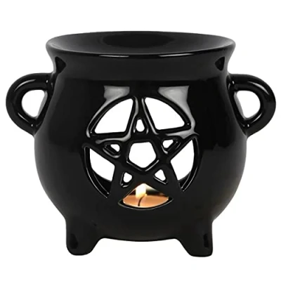 Image of Something Different Black Pentagram Cauldron Ceramic Oil Burner 10 cm x 13.3 (1 Pc), 10cm 13.3cm