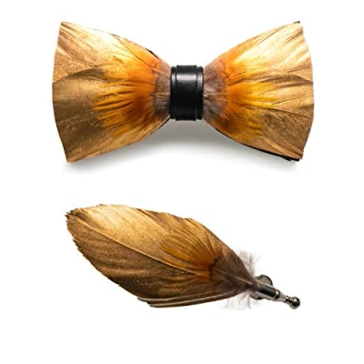 Image of JEMYGINS Handmade Feather Gold Pre tied Bow tie and Brooch Sets for Men (20)