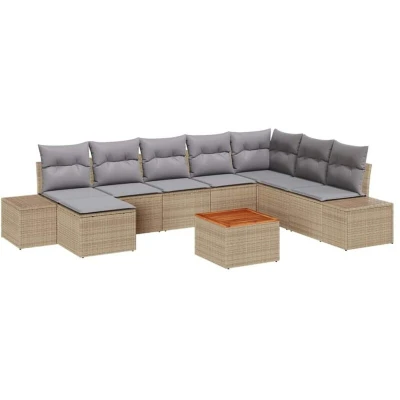 Image of vidaXL 9 Piece Garden Sofa Set with Cushions Beige Poly Rattan Acacia
