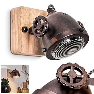 Image of hofstein Wall Light Herford, Adjustable lamp Made of Metal/Wood/Glass in Brown/Copper/Nature, 1 Flame, x GU10 Socket, spot Retro/Vintage Design, Without Bulbs