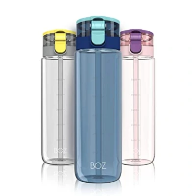 Image of BOZ BPA Free Plastic Water Bottle with Straw Lid, 600 mL / 20oz, Leak Proof Travel Bottle, For Gym, Hiking, Bicycle, Workout, Easy Carry Handle (Blue)
