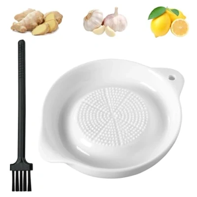 Image of Garlic Grater Plate Set Ceramic Ginger with Mini Cleaning Brush, Porcelain for Fruits, Vegetables, Spices, and Baby Food White