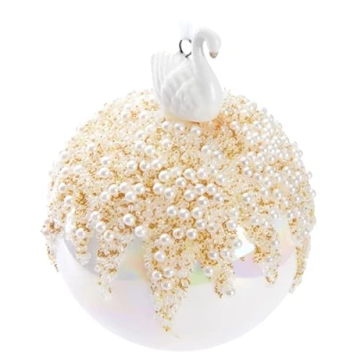 Image of BRUBAKER Premium Christmas Bauble Pearl with Swan Porcelain Figurine 3.9 inches (10 cm) Glass Tree Handmade Ornament White Coloured