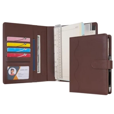 Image of WASON A5 Diary Leather PU Lined Notebook Refillable Paper Journal, Removable Ring Binder Portfolio with Clipboard Writing Notepad and Pen for Travel Business School Agenda Organizer (Coffee)