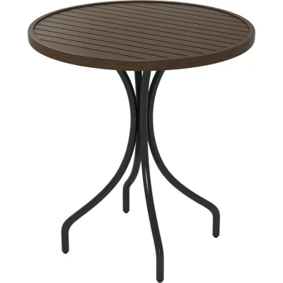 Image of Outsunny Φ66cm Garden Side Table, Round Bistro Coffee Outdoor Patio Table with Steel Frame and Slat Tabletop for Balcony Porch, Brown Wood Grain