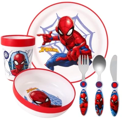Image of Spiderman Kids 6 Piece Reusable Dinner Set Plate/Bowl/Cup/Knife/Fork/Spoon Childrens Dinnerware Tableware Cutlery