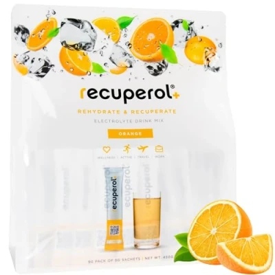 Image of Recuperol Electrolytes Sachets Powder for Rehydration 90 Sugar Free Hydration Zinc, Vitamin C, B12, D3, Potassium Natural Orange Flavour