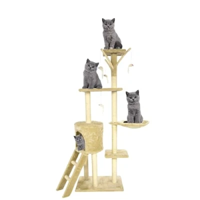 Image of Beige Multi Level Cat Climbing Tower with Ladder Stable Scratch Post &amp; Play House for Kitty 49 * 35 138cm