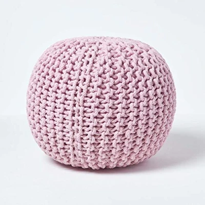 Image of HOMESCAPES Pastel Pink Knitted Pouffe Footstool Bean Filled 100% Cotton for Living Room Children or the Elderly