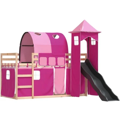 Image of vidaXL Bunk Bed without Mattress with Slide and Curtains Pink 80x200 cm