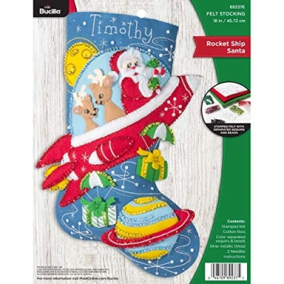 Image of Bucilla Felt Applique Christmas Stocking Kit, Rocket Ship Santa, 18&quot;, Cotton