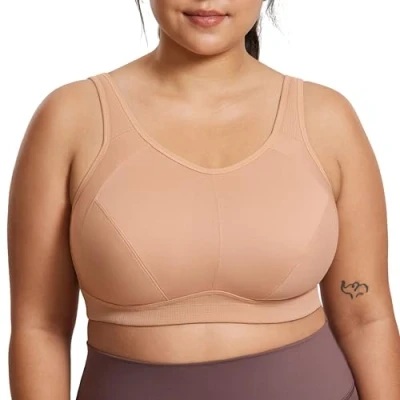 Image of SYROKAN Sports Bras Women for Large Breasts High Impact Full Coverage Neck No Padded Wireless Bra Barely Buff 34G