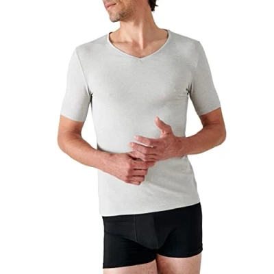 Image of Damart Men&#039;s T Shirt Col V Manches Courtes Maille Classique The Thermal Top, Flecked Grey, XXL