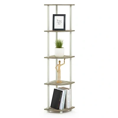 Image of Furinno Turn N Tube 5 Tier Corner Display Rack Multipurpose Shelving Unit, Sonoma Oak/White