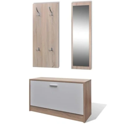 Image of vidaXL Oak and White 3 in 1 Wooden Shoe Cabinet Set with Coat Rack Wood Framed Mirror for Convenient Storage Organization