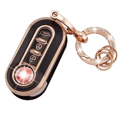 Image of Koaudb Car Key Fob Cover Case Shell Fit for Fiat 500 500L Brava Bravo Fiorino Punto Panda Qubo Stilo Lancia 3 Buttons Flip Folding with Keychain Black Gold (R Fia B)