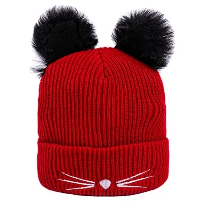 Image of XRDSS Women Girls Cat Ears Beanie Hat Winter Warm Knitted Ski (Red)