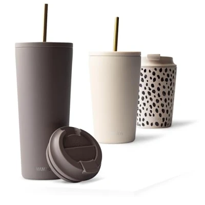 Image of MAMEIDO Travel Mug 700ml &amp; 470ml Leakproof Tumbler with Straw Lid, Stainless Steel Mugs for Cold Hot Drinks BPA Free (Taupe Grey, 0,7l)